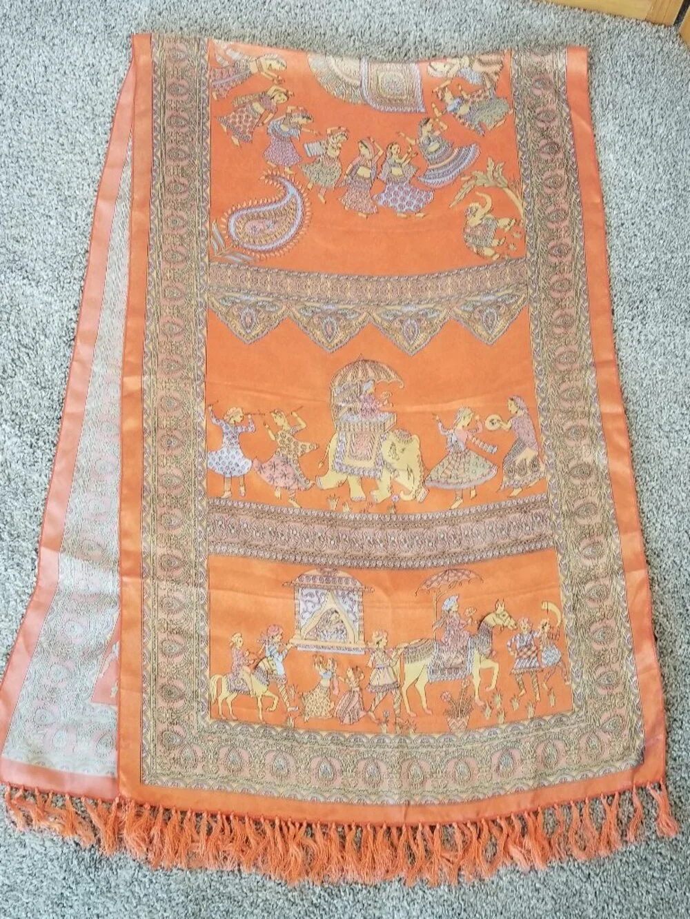 Extra Long Rectangular Scarf Wrap 100% Silk Satin Orange Blue Artistic Indian